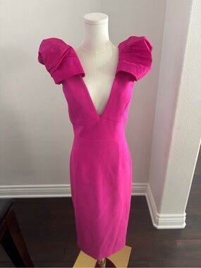 Rebecca Vallance Cupids Bow Midi Dress with ruffled shoulders